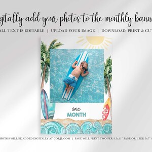 A single rectangular banner card shows a baby resting on a blue surfboard surrounded by watercolor palm trees, sand, ocean waves, and text reading one month.