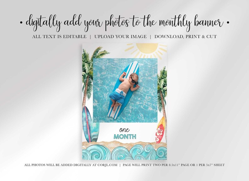 A single rectangular banner card shows a baby resting on a blue surfboard surrounded by watercolor palm trees, sand, ocean waves, and text reading one month.