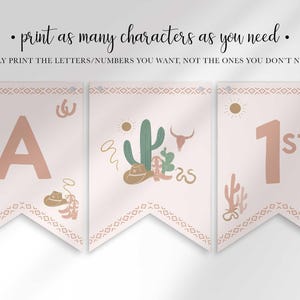 Graphic reading "Print as many characters as you need — only print the letters/numbers you want, not the ones you don't need" showing three western cactus flags including a stylized "1st" flag.