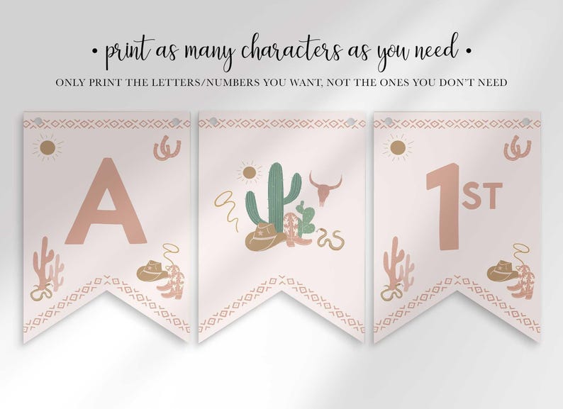 Graphic reading "Print as many characters as you need — only print the letters/numbers you want, not the ones you don't need" showing three western cactus flags including a stylized "1st" flag.