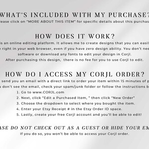 Instructional graphic titled "What's Included With My Purchase?" and "How Does It Work?" explaining that Corjl is an online editing platform for editing the design in a browser with no software needed, plus "How Do I Access My Corjl Order?" steps: go to CORJL.com, click Edit a Purchased Item then New Order, choose Etsy, enter the Etsy Receipt number, and create a free Corjl account, with a warning not to check out as a guest or hide your email.