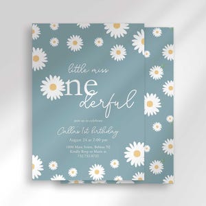 The 'Little Miss ONEderful' invitation for Callie with a second card showing the daisy pattern back design peeking out behind it.