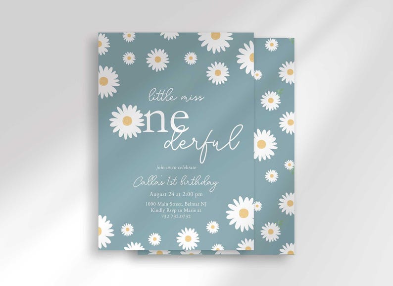 The 'Little Miss ONEderful' invitation for Callie with a second card showing the daisy pattern back design peeking out behind it.