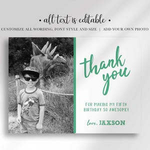 "All text is editable, customize all wording, font style and size, add your own photo" disclaimer graphic above the card recolored in green as another color example.