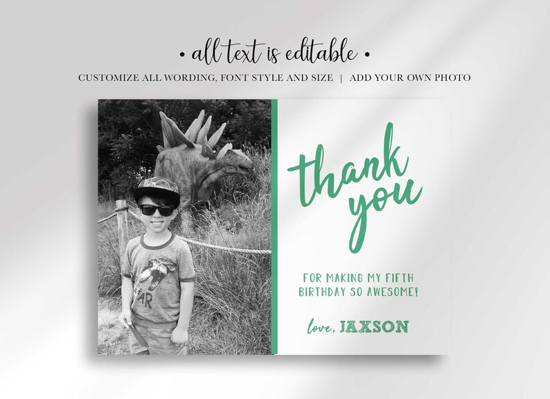 "All text is editable, customize all wording, font style and size, add your own photo" disclaimer graphic above the card recolored in green as another color example.