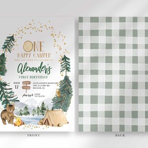 Front and back view of the invitation: the front shows the camping party details, and the back shows a sage green plaid pattern.