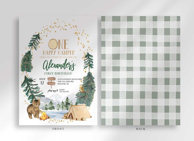 Front and back view of the invitation: the front shows the camping party details, and the back shows a sage green plaid pattern.