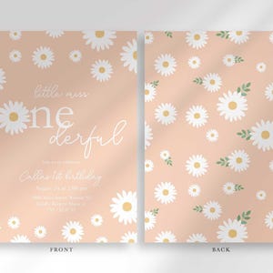 Front and back view of the invitation: the front shows the blush pink daisy design with party details, and the back shows a matching repeating daisy pattern.