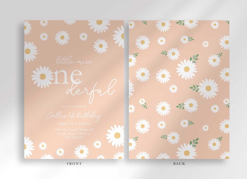 Front and back view of the invitation: the front shows the blush pink daisy design with party details, and the back shows a matching repeating daisy pattern.