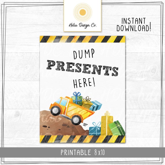 Dump Presents Here Printable 8x10 | Construction Birthday Party | Truck Invitation | Digital Download | Printable Invitation | Any Age Il_570xn