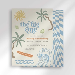 May include: Beach-themed invitation card. The text reads "the big one" in blue, with details for Harvey's 1st birthday. Features illustrations of a sun, palm trees, a surfboard, and waves. The background has a blue and white checkered pattern.