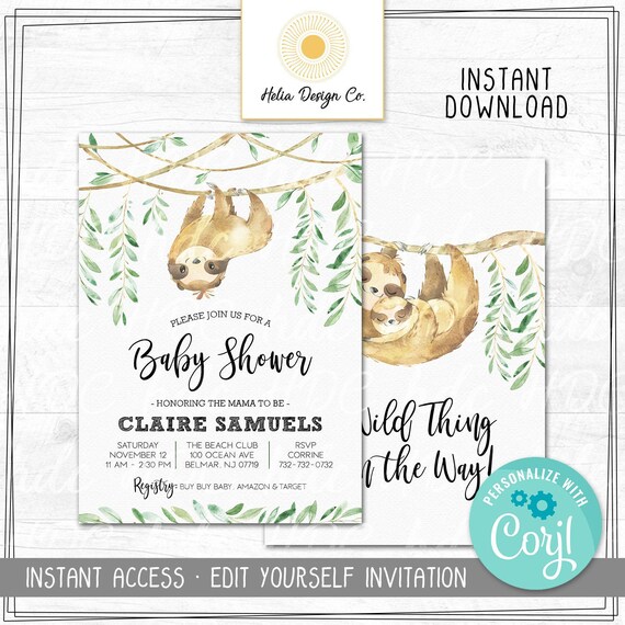 NEW! Sloth Baby Shower Invitation | Wild Thing on the Way | Couple Shower | Watercolor Greenery | Edit Yourself at Corjl | Printable DIY Il_570xn
