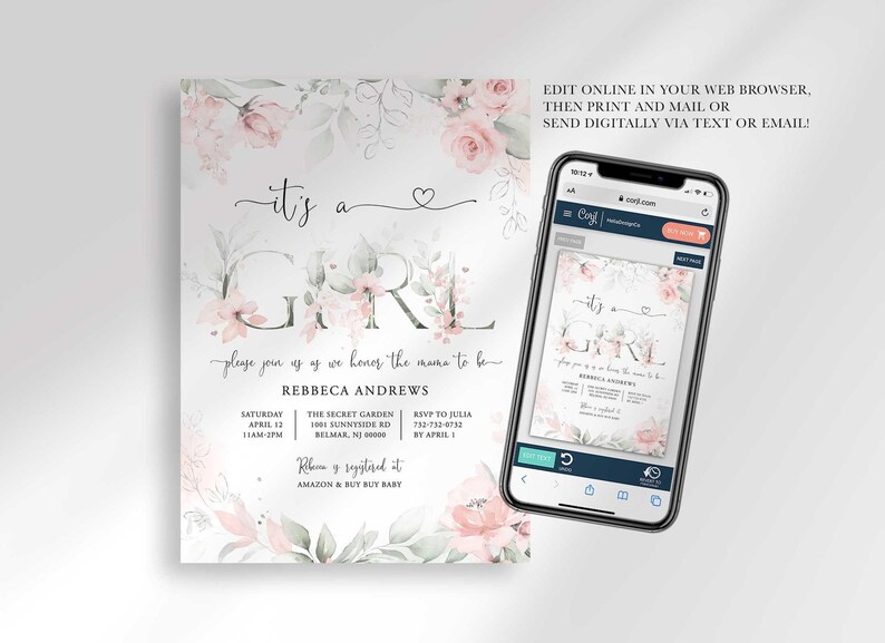 digital girl baby shower invitation