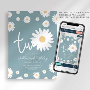 Graphic showing the invitation displayed on a smartphone, explaining that customers can edit it online in their web browser, then print and mail it or send it digitally via text or email.