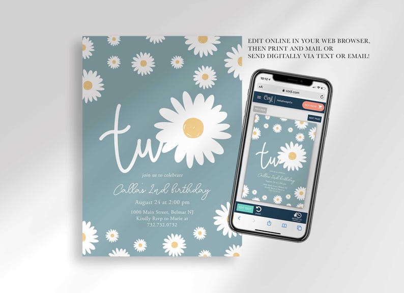 Graphic showing the invitation displayed on a smartphone, explaining that customers can edit it online in their web browser, then print and mail it or send it digitally via text or email.
