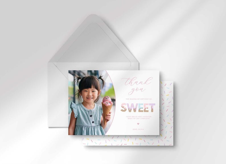The ice cream-themed photo thank you card for Olivia angled in front of its matching white envelope.