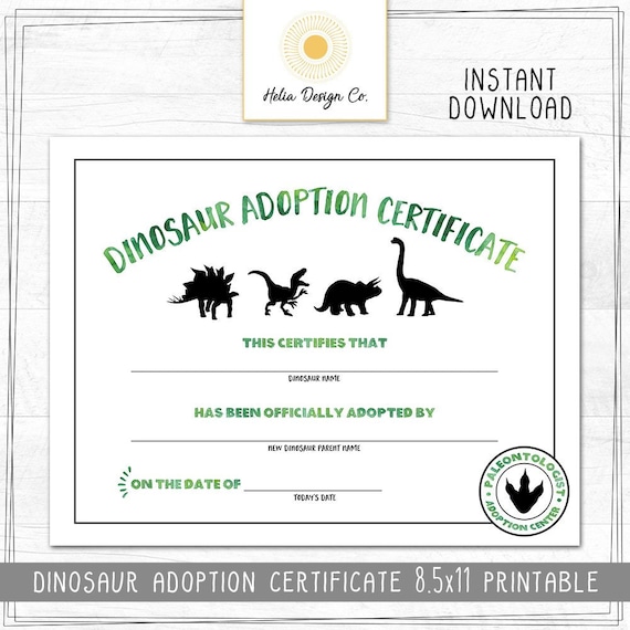 Dinosaur Birthday Adoption Certificate 8 5x11 Digital Download 