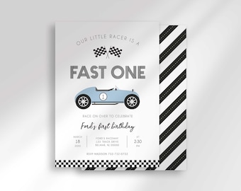 Retro Race Car Fast One Birthday Invitation Template (Digital Download)