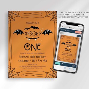 An explainer graphic showing Mason's Halloween-themed 'Spooky One' first birthday invitation displayed on a smartphone, noting it can be edited online in a web browser, then printed and mailed or sent digitally via text or email.
