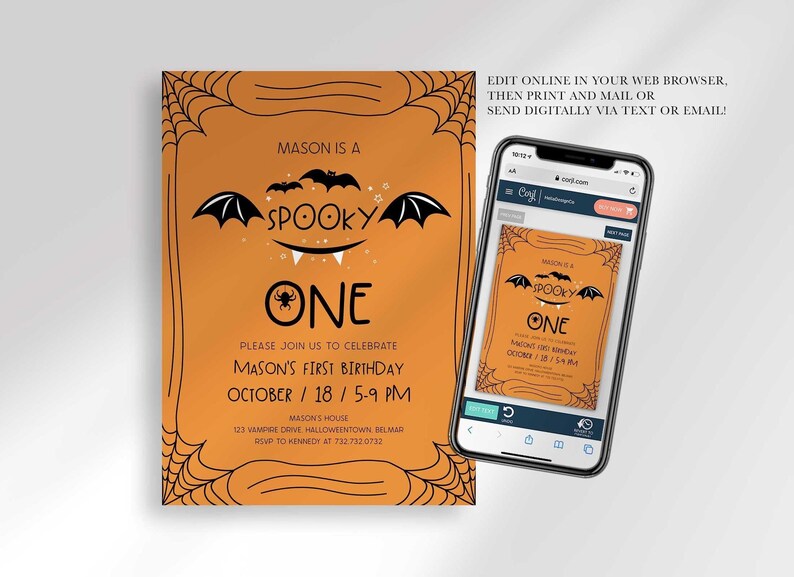 An explainer graphic showing Mason's Halloween-themed 'Spooky One' first birthday invitation displayed on a smartphone, noting it can be edited online in a web browser, then printed and mailed or sent digitally via text or email.