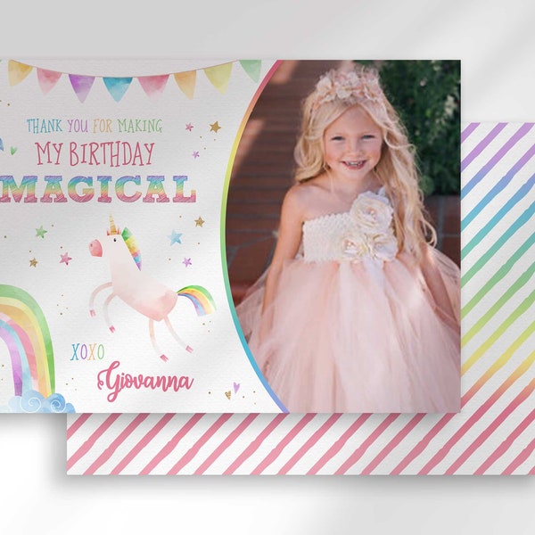 Rainbow Unicorn Birthday Thank You Card with Photo | Edit Yourself Instant Digital Download