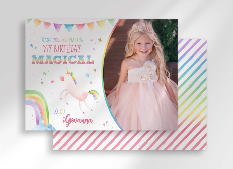 Rainbow Unicorn Birthday Thank You Card with Photo Edit Yourself Instant Digital Download image 1