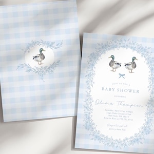 Uitnodiging babyshower wilde eend, babyshower kleine eend, pastel, monogram babyshower, blauwe uitnodiging babyshower voor jongens