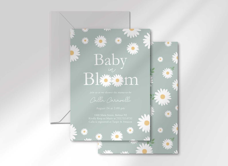 The 'Baby in Bloom' invitation for Calla Caravelli layered in front of its matching envelope and a second card showing the daisy pattern back design.