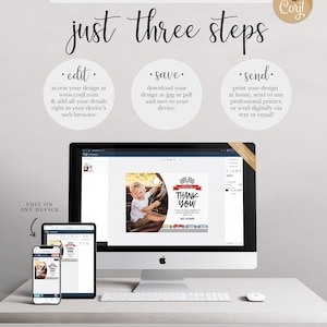 A Corjl explainer graphic titled "just three steps": edit your details online, save your design as a JPG or PDF, and send by printing at home, a professional printer, or digitally via text or email, shown on a desktop computer and mobile devices displaying Alexander's thank you card.