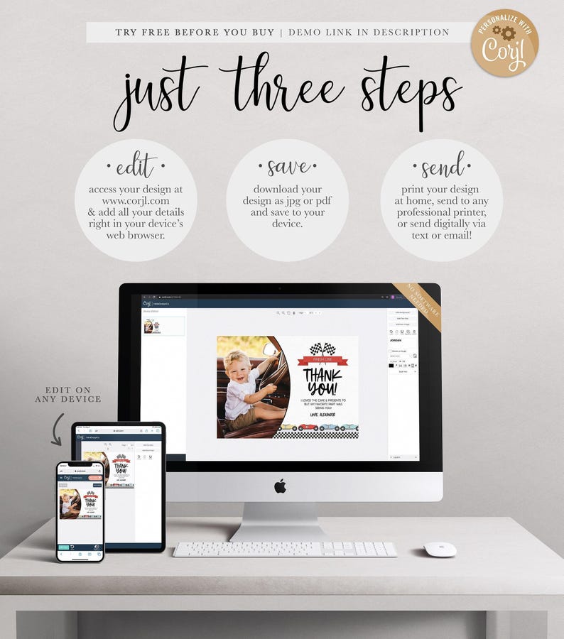 A Corjl explainer graphic titled "just three steps": edit your details online, save your design as a JPG or PDF, and send by printing at home, a professional printer, or digitally via text or email, shown on a desktop computer and mobile devices displaying Alexander's thank you card.