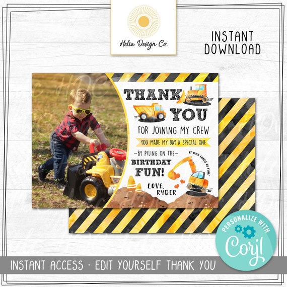 Edit Yourself Construction Birthday Thank You Card | Truck Thank You | Digital Download | Printable Photo Card | Any Age Il_570xn