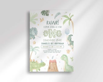 May include: A watercolor-style invitation for Daniel's 1st birthday, featuring dinosaurs, palm trees, and the text "RAWR! Come join us for ONE Dino-Mite Time!" The date is August 20, 2-5 PM.
