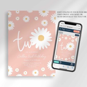 Graphic showing the invitation displayed on a smartphone, explaining that customers can edit it online in their web browser, then print and mail it or send it digitally via text or email.