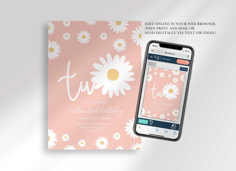 Graphic showing the invitation displayed on a smartphone, explaining that customers can edit it online in their web browser, then print and mail it or send it digitally via text or email.