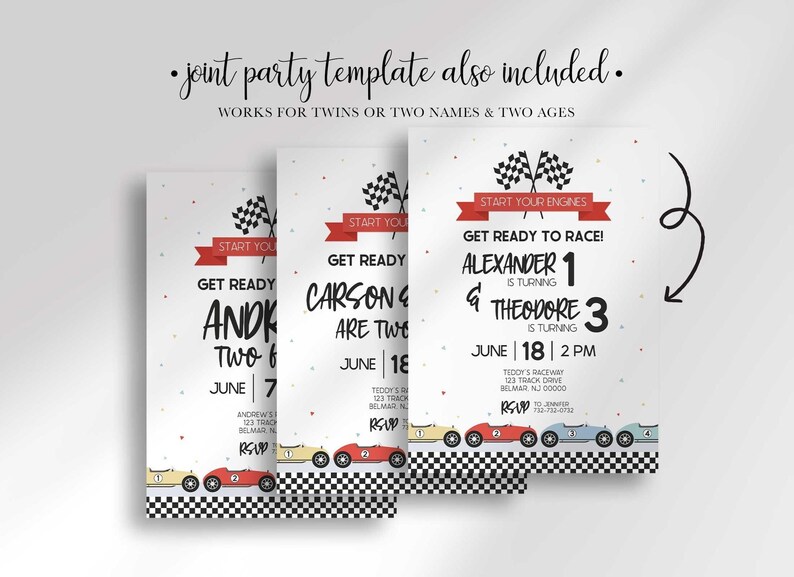 Graphic noting a joint party template is also included, works for twins or two names and two ages, shown with several wording variant examples.