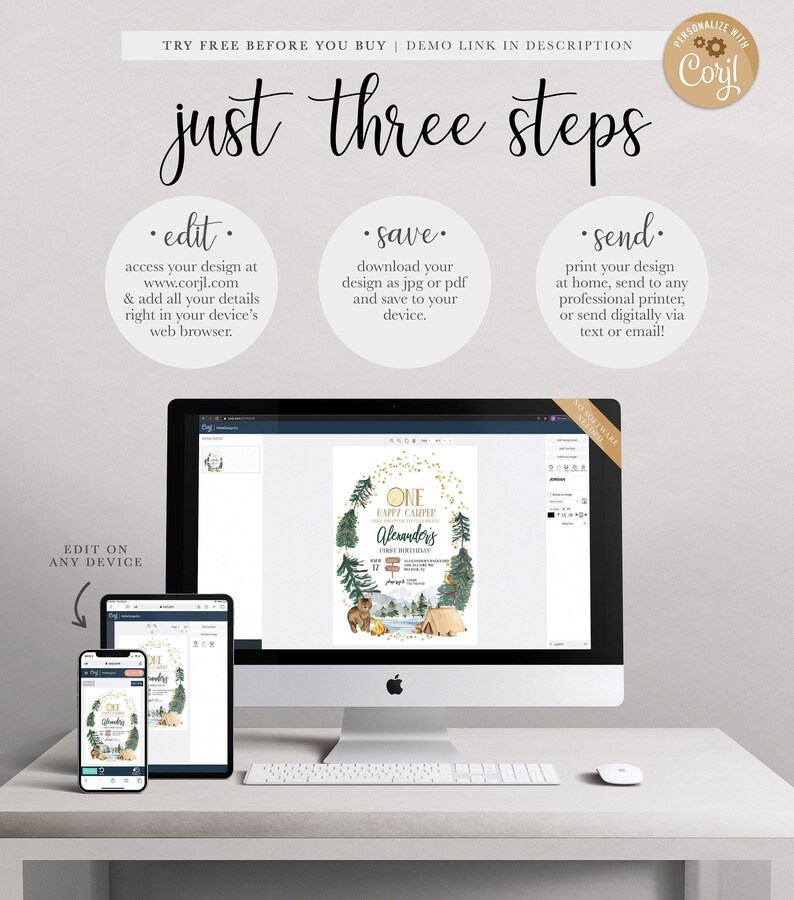 A Corjl explainer graphic titled "just three steps": edit your details online, save your design as a JPG or PDF, and send by printing at home, a professional printer, or digitally via text or email, shown on a desktop computer and mobile devices displaying Alexander's invitation.