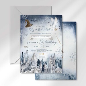 The wintery wizard-themed invitation for Emerson's 8¾ birthday layered in front of its matching envelope and a second card showing the snowflake-patterned back design.