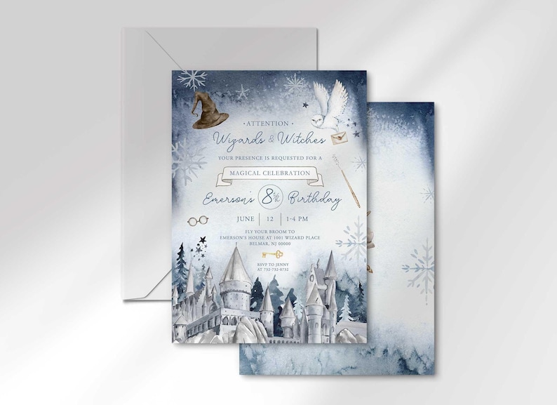 The wintery wizard-themed invitation for Emerson's 8¾ birthday layered in front of its matching envelope and a second card showing the snowflake-patterned back design.