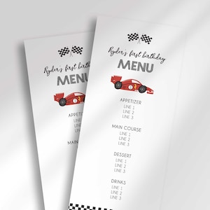 Bearbeitbares Rennwagen-Party-Menü |  Bearbeiten Sie bei Corjl.com| Rennwagen-Partyzubehör | Sofortdownload | Druckbares DIY