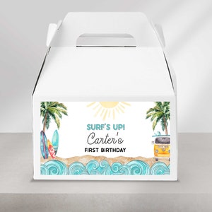 Surf-verjaardagslabels op doos, The Big One Favor Box-label, Surfs Up-feestdoos, digitale download