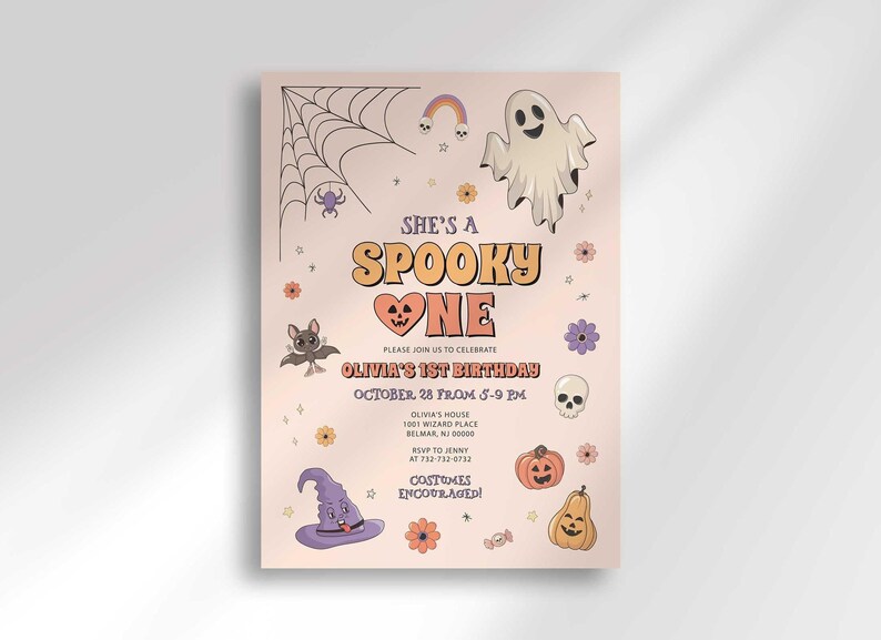 A full view of Olivia's Halloween-themed 'She's a Spooky One' first birthday invitation on a tan kraft-paper background with illustrated ghosts, bats, spiders, a witch hat, and pumpkins.