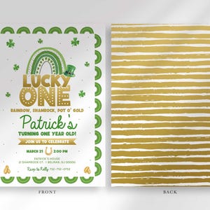 Graphic showing the front and back of the Lucky One St. Patrick's Day invitation, front with the green shamrock and gold rainbow design, back with a gold striped pattern.