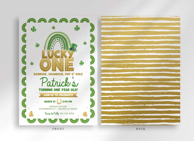 Graphic showing the front and back of the Lucky One St. Patrick's Day invitation, front with the green shamrock and gold rainbow design, back with a gold striped pattern.