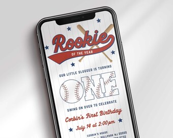 Baseball First Birthday Video Invitation, Rookie of the Year Theme (Digital Evite) (Digital Download)