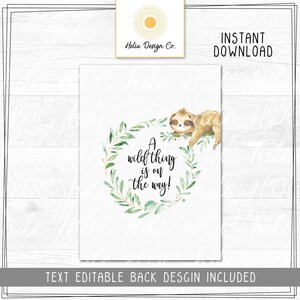 Editable back design for a baby shower invitation featuring a watercolor sloth and a botanical wreath with text.
