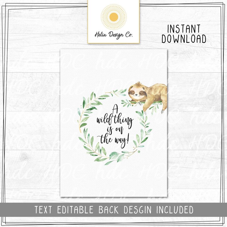 Editable back design for a baby shower invitation featuring a watercolor sloth and a botanical wreath with text.