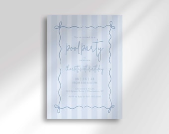 Preppy Blue Stripe Pool Party Invitation: Editable Swim Birthday, Tween/Teen (Digital Download)