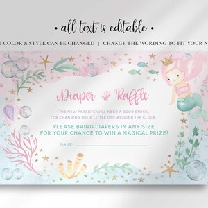 Mermaid themed diaper raffle card shown with a disclaimer: all text is editable, font color and style can be changed, change the wording to fit your needs.