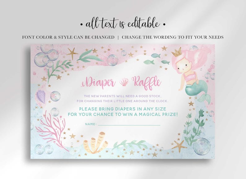 Mermaid themed diaper raffle card shown with a disclaimer: all text is editable, font color and style can be changed, change the wording to fit your needs.