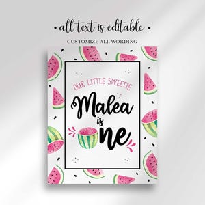 A vertical birthday party sign with the text Our Little Sweetie Malea is One, decorated with watercolor watermelon slices.